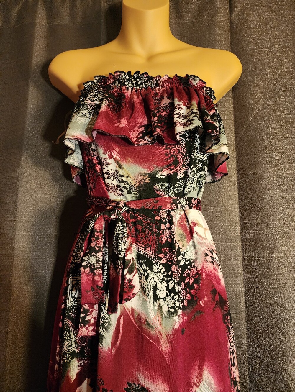 Susie Rose Strapless Boho Maxi Dress Pink Black Paisley Size M